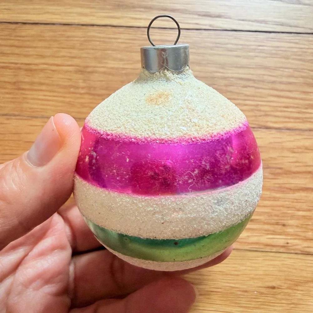 George Franke Pair Christmas Ornaments Pink Green Striped Mica USA MCM 1950's
